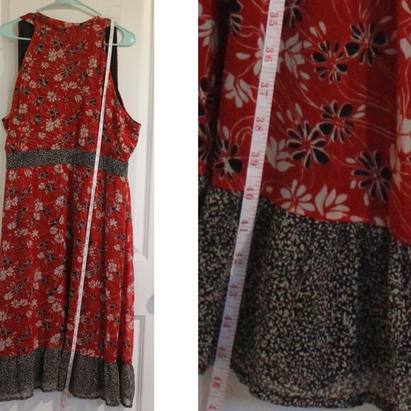 Catos Red Floral Midi Wrap Dress Women's 22W V-Neck Tie Waist Ruffle Tulip Hem - Picture 7 of 7